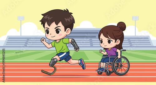 Young runners including a boy and a girl in wheelchair competing.