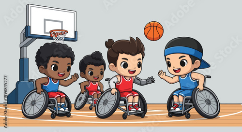 Young Wheelchair Basketball Players Compete On Court.