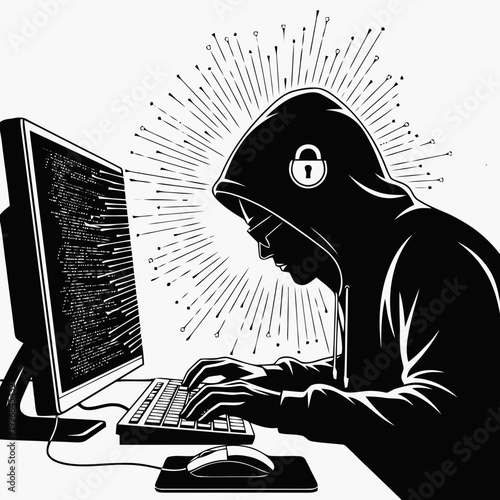 Hacker in hoodie with lock symbol.