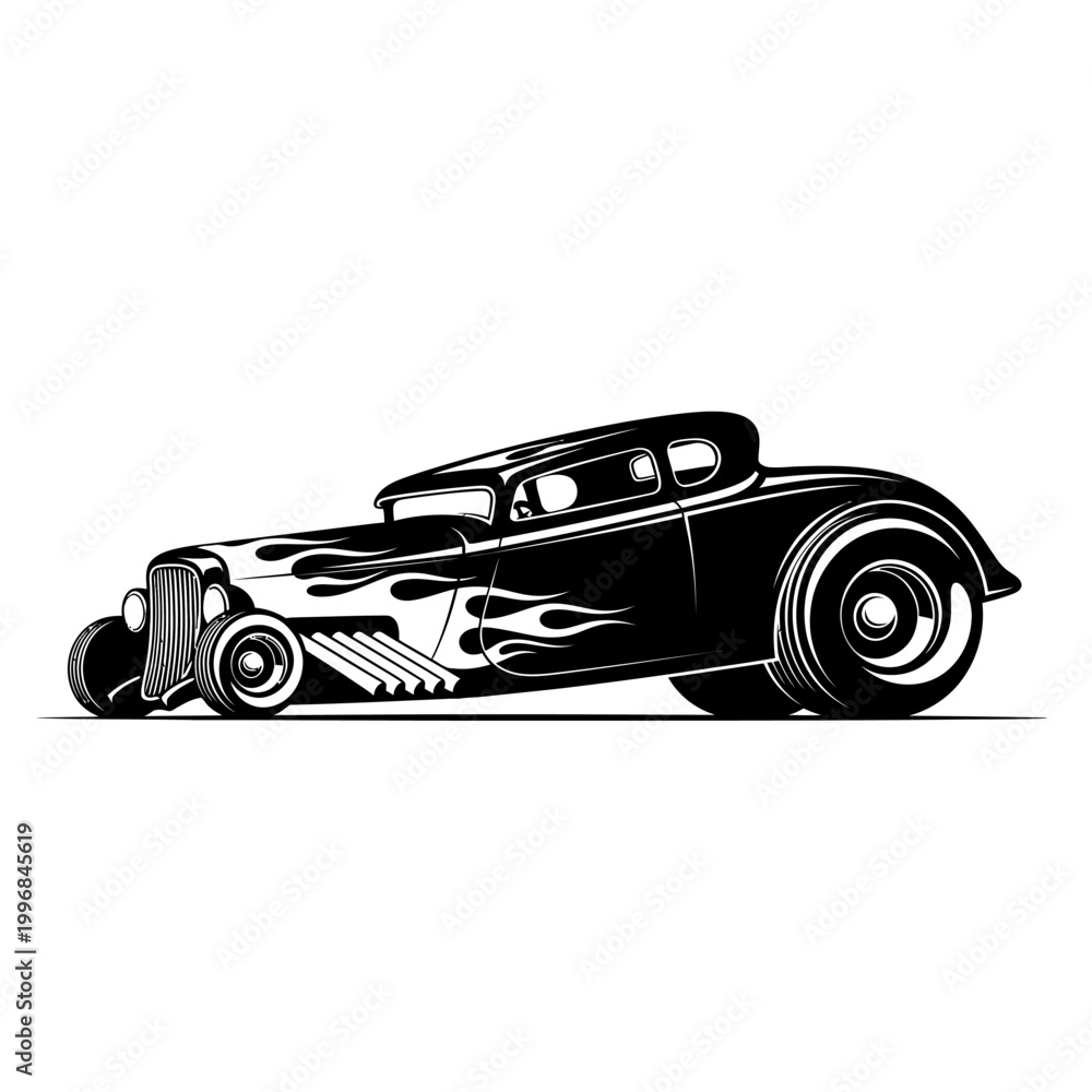Fototapeta premium Vintage Hot Rod Car Silhouette with Flames, Custom Automotive Design