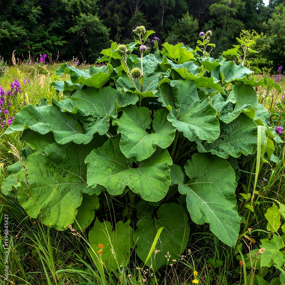Naklejka premium A large green plant with big rounded leaves in a field