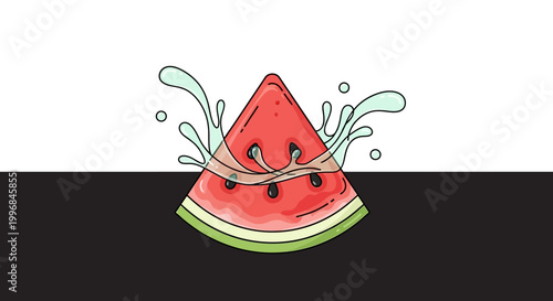 A cartoon slice of watermelon with juice splashing.