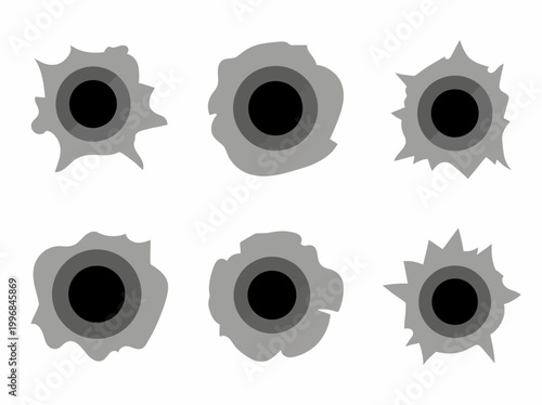 Vector graphic set of bullet holes, diverse damage patterns for design