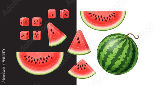A variety of watermelon slices and cubes.