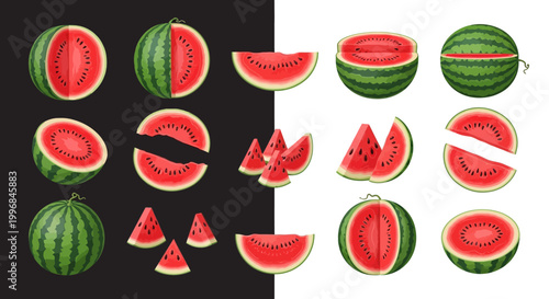 Various watermelon slices and whole fruits.