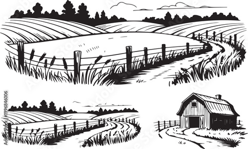 Rural farm landscape with wooden barn and fenced fields line drawing.