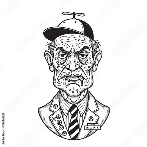 Stern Elderly Man in Suit and Tie — Authoritative Grandfather Portrait Ink Drawing Vector Art