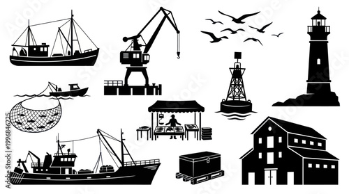 Fishing and Port Maritime Industry Icons Set - Solid Black Silhouettes
