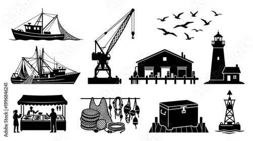 Nautical Fishing Icons: Boats, Crane, Lighthouse, Market, Buoy, Seagulls