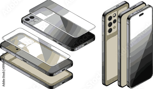 Exploded view phone parts concept isolated transparent background modern gadget.