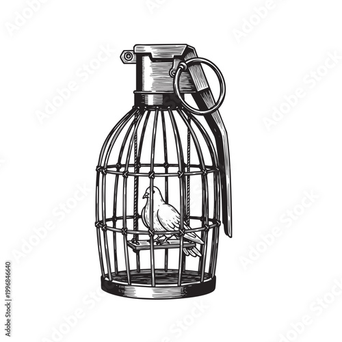 Birdcage Formed from an Upright Grenade — Dark Conceptual Freedom Ink Illustration Vector Art