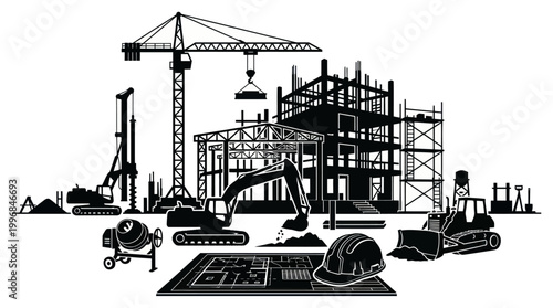 Black and White Construction Site with Crane, Excavator, Bulldozer, Blueprint