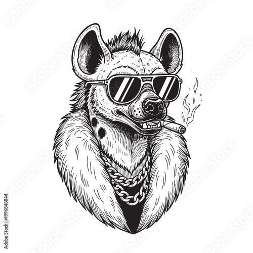 Cool Hyena in Sunglasses with a Smoking Cigarette — Laid-Back Urban Animal Ink Illustration Vector
