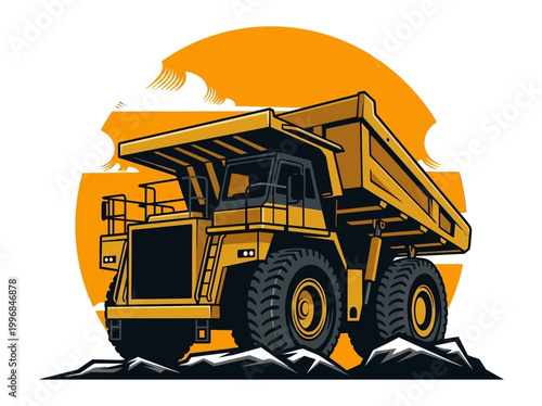 Yellow dump truck vector illustration on a rocky landscape with an orange sun graphic