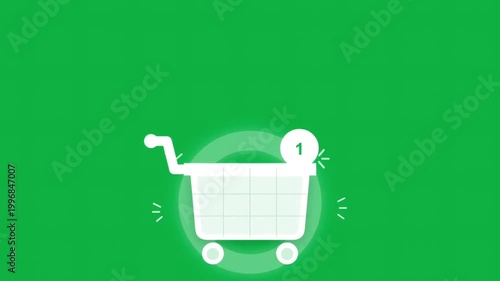 A video showcasing a white shopping cart icon on a green background
