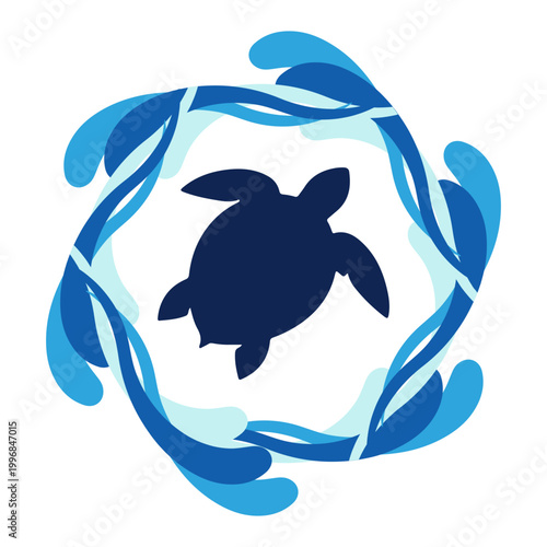 Sea Turtle Silhouette in Blue Wave Circle