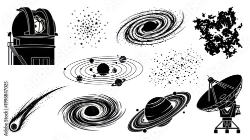 Space and Astronomy Icons: Observatory, Galaxies, Planets, Comet, Telescope