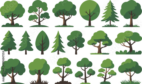 Set of green deciduous and coniferous forest trees on transparent base.
