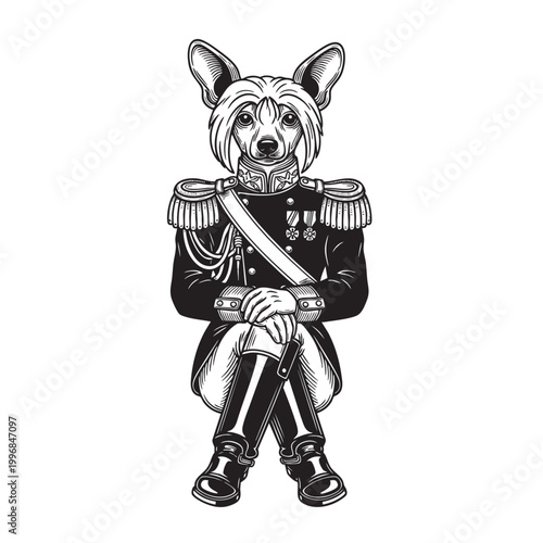 Armored Fox Soldier in Military Uniform with Medals — Elite Animal Commander Ink Drawing Vector