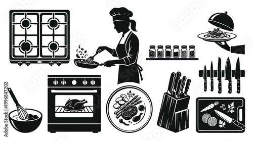 Monochromatic Culinary Kitchen Icons Set: Chef, Cooking Appliances, Utensils, and Food Preparation