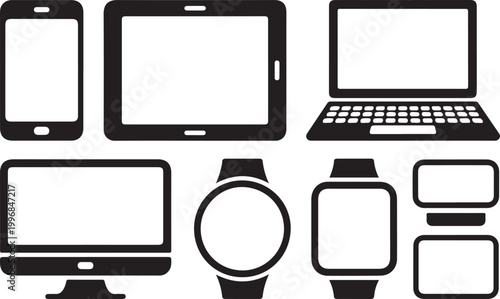 Modern electronic gadgets and digital device screen silhouettes group.