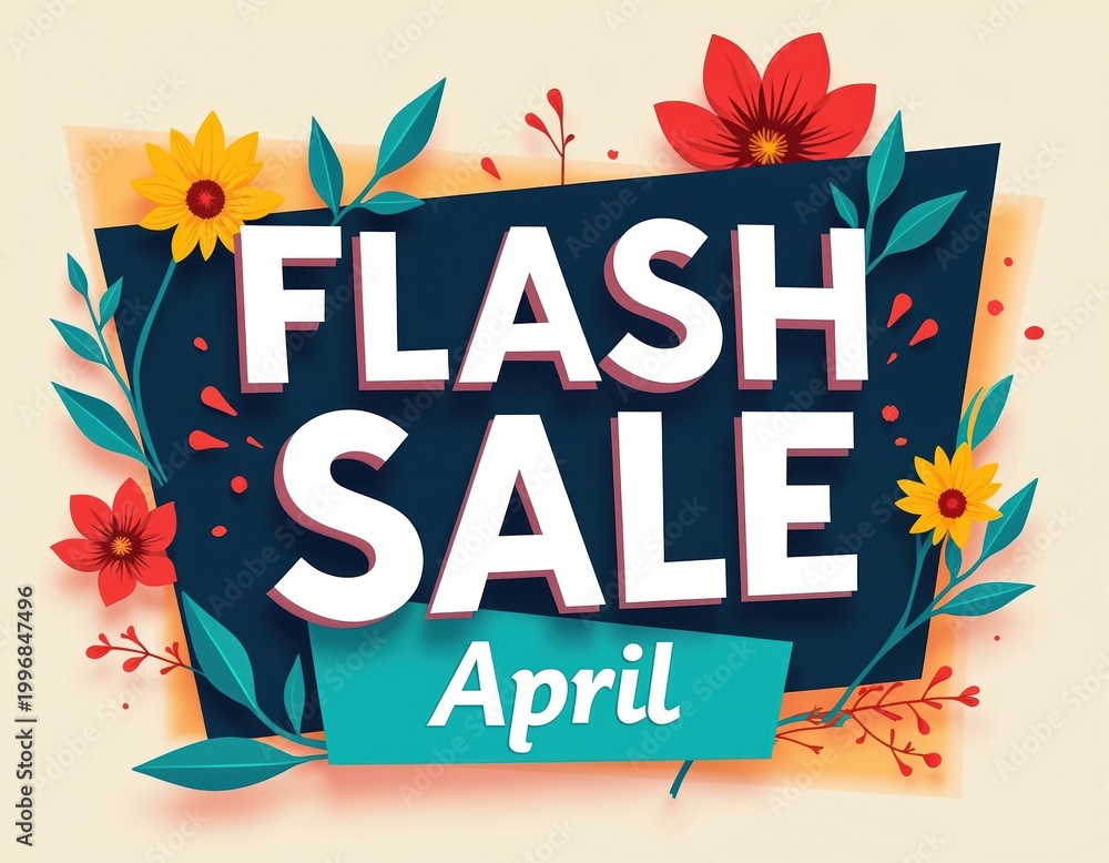 Obraz premium April flash sale announcement features blooming flowers and leaves. Bright colorful design promotes special offers and discounts for spring shopping events and retail deals.
