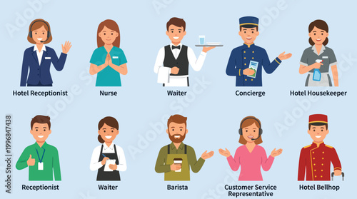 Flat vector characters illustrating diverse service and hospitality industry professions
