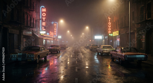 Cinematic Retro Night Street Scene with Vintage Cars Parked on Wet Pavement, Glowing Neon Signs for Motel, Diner, and Liquor Store in Foggy Atmospheric Urban Setting