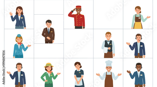 Hospitality Staff: Hotel, Waiter, Flight Attendant, Chef, Receptionist Vector Flat