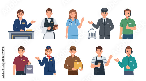 Diverse Professionals Set - Vector Flat Illustration of Hospitality and Service Workers