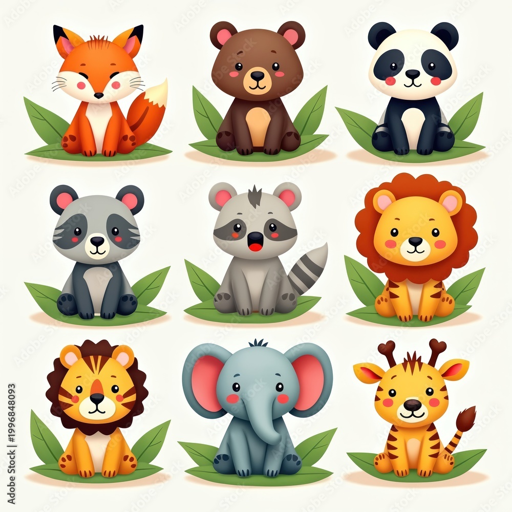 Obraz premium Group of cute cartoon animals sitting on green leaves. Fox, bear, panda, raccoons, lion, elephant, giraffe are friends. Fun forest jungle zoo characters for kids.