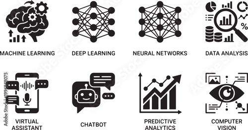 Black and white of machine learning concepts: algorithms, chatbot, predictive analytics, and computer vision symbols