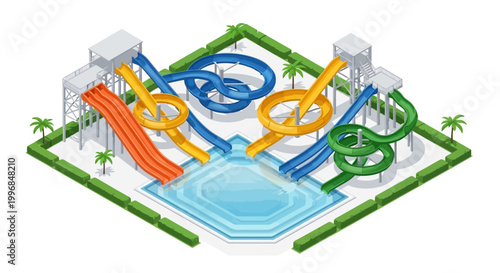 Isometric illustration of a water park featuring colorful intertwined water slides and a central pool surrounded by green hedges and palm trees, rendered in a bright and cheerful cartoon