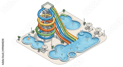 Isometric illustration of a colorful water park featuring multiple pools and winding water slides under a bright sky, rendered with a clean, cartoonish style and a cheerful, summery mood