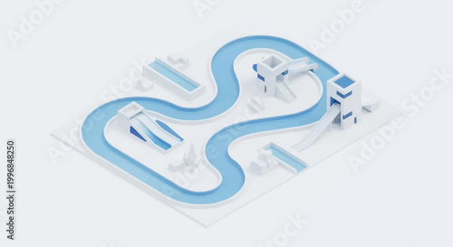 Isometric view of a white and blue toy racetrack with looping turns and miniature buildings, rendered in a clean, minimalist style against a bright white background, evoking a playful