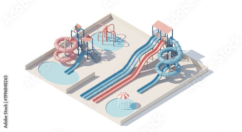 Isometric view of a water park featuring multiple slides and pools, rendered with a clean, minimalist style and pastel colors, set on a light background to emphasize the playful atmosphere