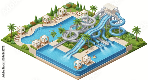 Isometric illustration depicts a vibrant water park with winding blue slides, a large pool with clear water, and small white cabanas, set against a white background in a bright, cheerful