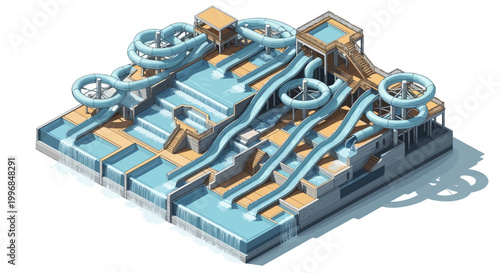 Isometric illustration showcases a sprawling water park complex with numerous winding slides and pools, presented in a clean, detailed style with a bright, cheerful color palette