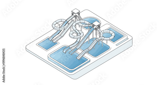 Overhead isometric illustration displays a water park plan with multiple water slides spiraling into bright blue pools, set against a stark white background, conveying a clean and playful