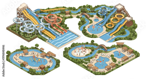 Isometric illustration showcases a vibrant water park with winding slides, lazy rivers, and various swimming pools, rendered in a bright, cheerful style against a white background