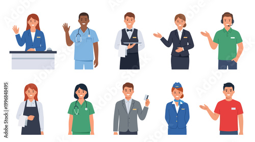 Diverse professionals waving, medical, service, hospitality industry flat vector