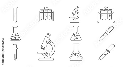Science Lab Icons: Test Tubes, Beakers, Microscopes, Pipettes - Outline Vector Set