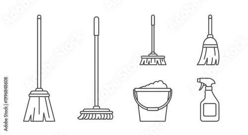 Cleaning Supplies Icons: Broom, Mop, Bucket, Spray Bottle - Vector Illustration