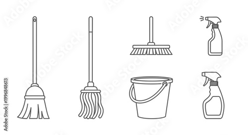 Cleaning Supplies Set: Mop, Broom, Bucket, Spray Bottles - Vector Icons