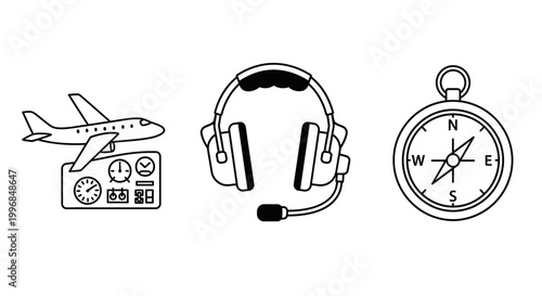 Aviation Icons: Airplane, Headset, Compass - Line Art