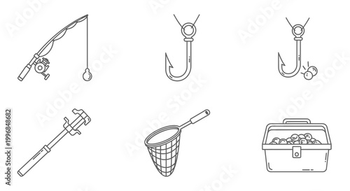 Fishing Gear Icons: Rod, Hook, Net, Tackle Box, and More