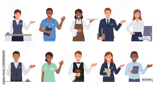 Diverse professionals, hospitality, medical, business service icons