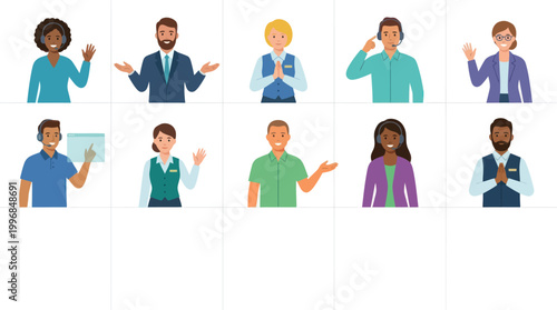 Diverse professionals in video call grid, customer service avatars