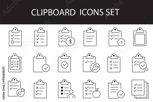 Clipboard icons set. Paper documents sign. File, document symbol. Linear black icon collection. Flat vector design. Editable stroke. For apps, website, business, infographic, ...