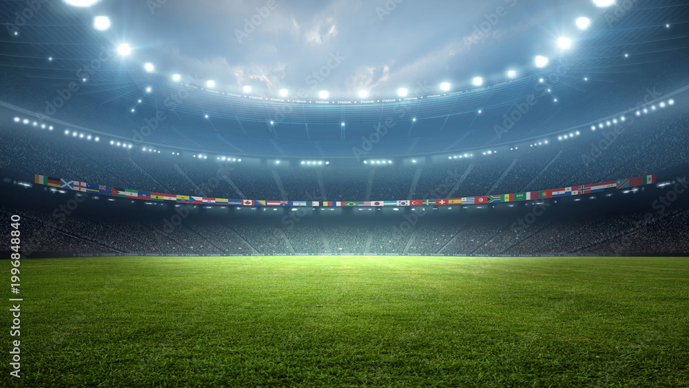 Fototapeta premium Stadium with National Flags at night. An imaginary stadium is modelled and rendered. 